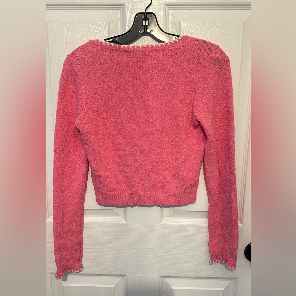 ZARA Women’s Pink Scoop Neck Contrast Stitch Button Down Cardigan Sweater Size M - Picture 2 of 5